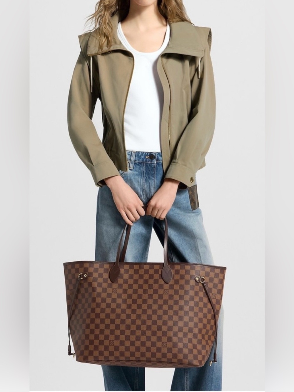 Louis Vuitton Brown Damier Ebene Neverfull GM Tote Dark Leather Trim AS IS LV